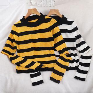 Ripped Sleeve Round Neck Striped Knit Top