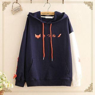 Color-block Sleeve Fox Print Hoodie