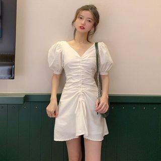 Puff-sleeve V-neck Dress