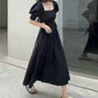 Puff-sleeve Plain Midi A-line Dress Black - One Size