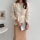 Slit-hem Tie-waist Rib-knit Top