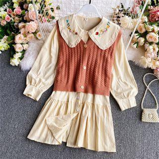Set: Floral Embroidered Mini A-line Shirtdress + Single-breasted Knit Vest