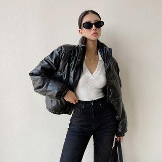Faux Leather Padded Cropped Zip-up Jacket