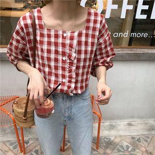 Square-neck Plaid Elbow-sleeve Blouse Plaid - Red - One Size