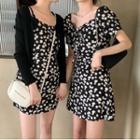 Floral Print Short-sleeve Mini A-line Dress / Spaghetti-strap Dress / A-line Skirt