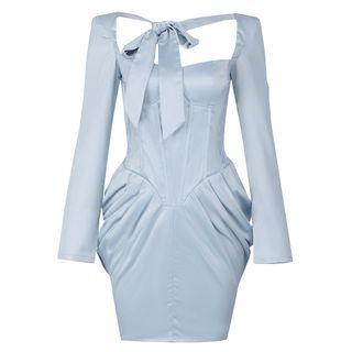 Long-sleeve Ribbon Accent Satin Mini Sheath Dress
