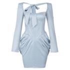 Long-sleeve Ribbon Accent Satin Mini Sheath Dress