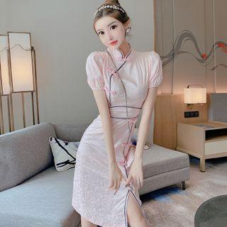 Contrast Trim Puff-sleeve Midi Sheath Qipao