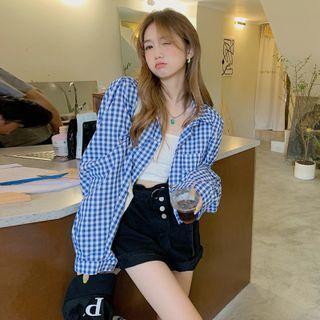Long-sleeve Plaid Cropped Jacket Blue - One Size