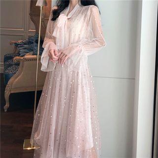 Long-sleeve Sequined Mesh Top / Maxi A-line Skirt