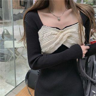 Color Block Square-neck Bodycon Knit Dress Black - One Size