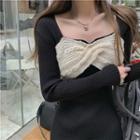 Color Block Square-neck Bodycon Knit Dress Black - One Size