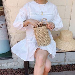 Puff-sleeve Round Neck Plain Mini A-line Dress White - One Size