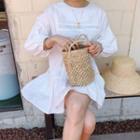 Puff-sleeve Round Neck Plain Mini A-line Dress White - One Size