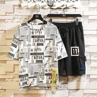 Set: Printed Elbow-sleeve T-shirt + Drawstring Shorts