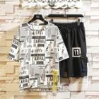 Set: Printed Elbow-sleeve T-shirt + Drawstring Shorts