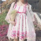 Strawberry Print Sleeveless Dress / Flower Embroidered Light Jacket