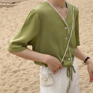 Elbow-sleeve V-neck Drawstring Hem Blouse