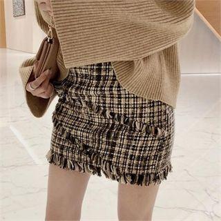 Fringe-trim Tweed Mini Skirt