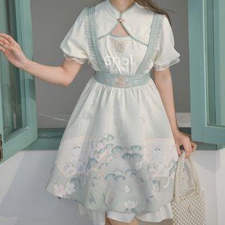 Puff-sleeve Floral Embroidered Cutout Blouse / Floral Print Overall Dress