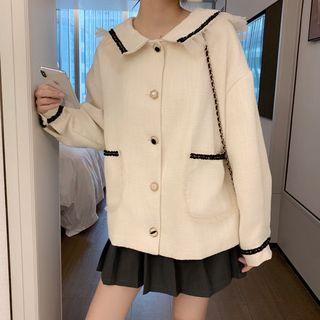 Mesh Frilled Trim Beaded Button Jacket Almond - One Size