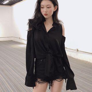 Plain Cut Out Shoulder Shirt Black - One Size