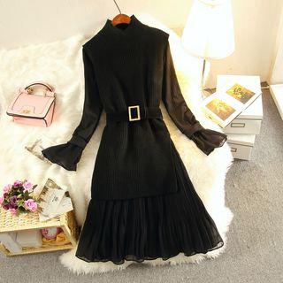 Set: Mock-neck Long-sleeve Dress + Side Slit Long Knit Vest