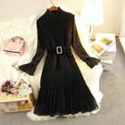 Set: Mock-neck Long-sleeve Dress + Side Slit Long Knit Vest