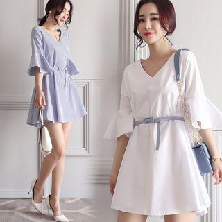 V-neck Elbow-sleeve Mini Dress