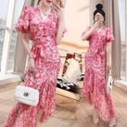 Set: Short-sleeve Floral Print Top + Skirt + Camisole Top