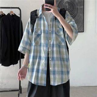 Elbow-sleeve Plaid Shirt / Sweatshorts