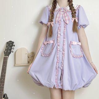 Puff-sleeve Plaid Ruffled A-line Dress