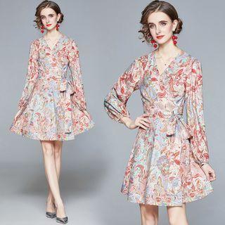 Floral V-neck Tie-waist A-line Dress