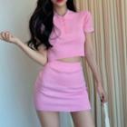 Set: Short-sleeve Knit Slim Fit Polo Shirt + Mini Skirt