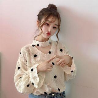 Polka Dot Long Sleeve V-neck Blouse As Shown In Figure - One Size