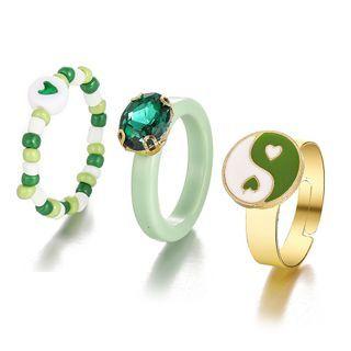 Set Of 3: Yin And Yang / Rhinestone / Bead Ring 54837 - Set Of 3 Pcs - Green & Gold - One Size