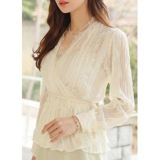 Lace-trim Crinkled Chiffon Wrap Top