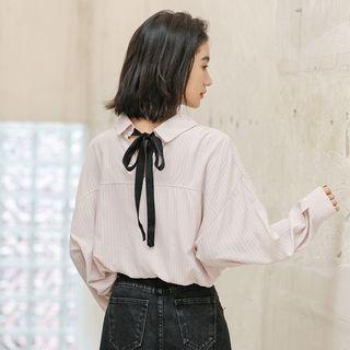 Long-sleeve Tie Neck Back Striped Shirt