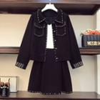Set: Faux Pearl Studded Shirt Jacket + A-line Skirt