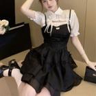 Short-sleeve Drawstring Cut-out Shirt / Ruffle Mini Overall Dress