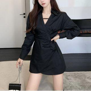 V-neck Lantern Sleeve Ruched Wrap Shirtdress