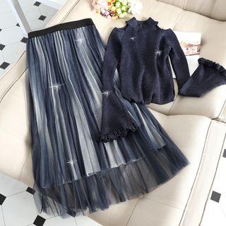 Set: Mock-neck Sweater + Pleated Overlay Skirt