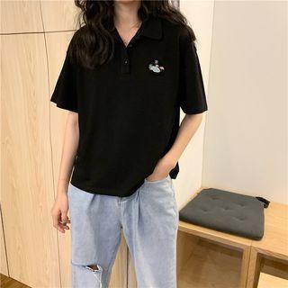 Embroidered Short Sleeve Polo Neck Top