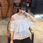 Lace Panel Open Shoulder Short-sleeve Chiffon Top