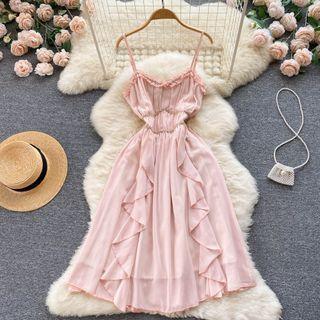Suspender Plain Ruffle Chiffon Dress