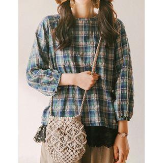 Beribboned Embossed Plaid Top