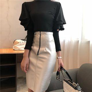 Mock-neck Long-sleeve T-shirt / Faux-leather Pencil Skirt