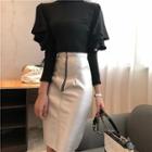 Mock-neck Long-sleeve T-shirt / Faux-leather Pencil Skirt