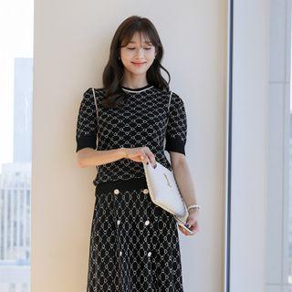 Puff-shoulder Heart-pattern Piped Knit Top