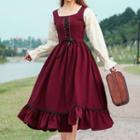 Mock Two-piece Long-sleeve Lace-up Striped Midi A-line Dress